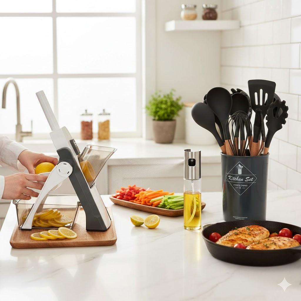 Complete Kitchen Essentials Bundle - Chopper, Oil Spray & Spoon Set